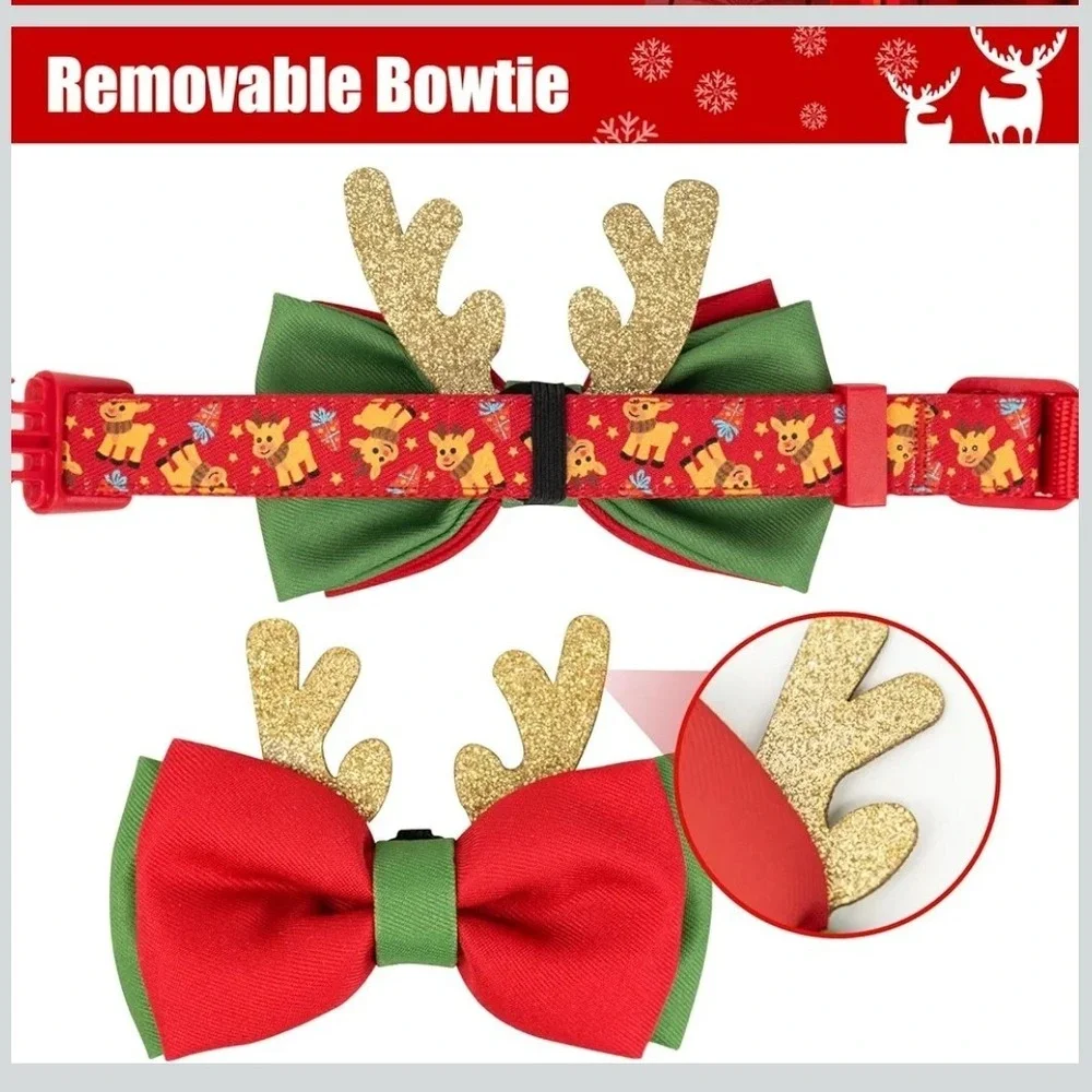Christmas Reindeer Dog Collar with Removable Bowtie Glitter Antlers Red Green XS